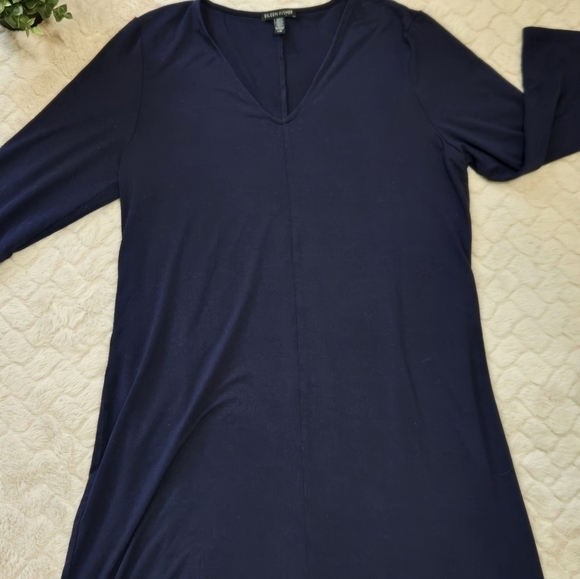 Eileen Fisher Navy Blue V-Neck Asymmetrical Hem Shift Dress, Size Large - Picture 7 of 7